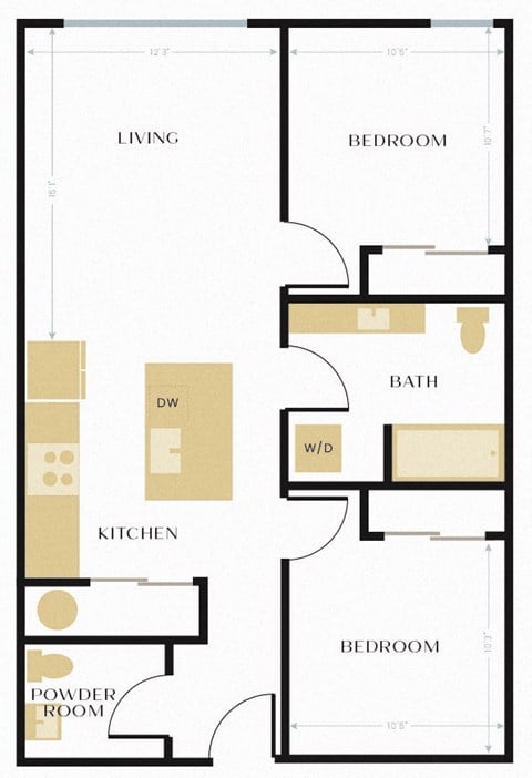 Floor plan for 2 beds, 1.5 baths, 826 sqft